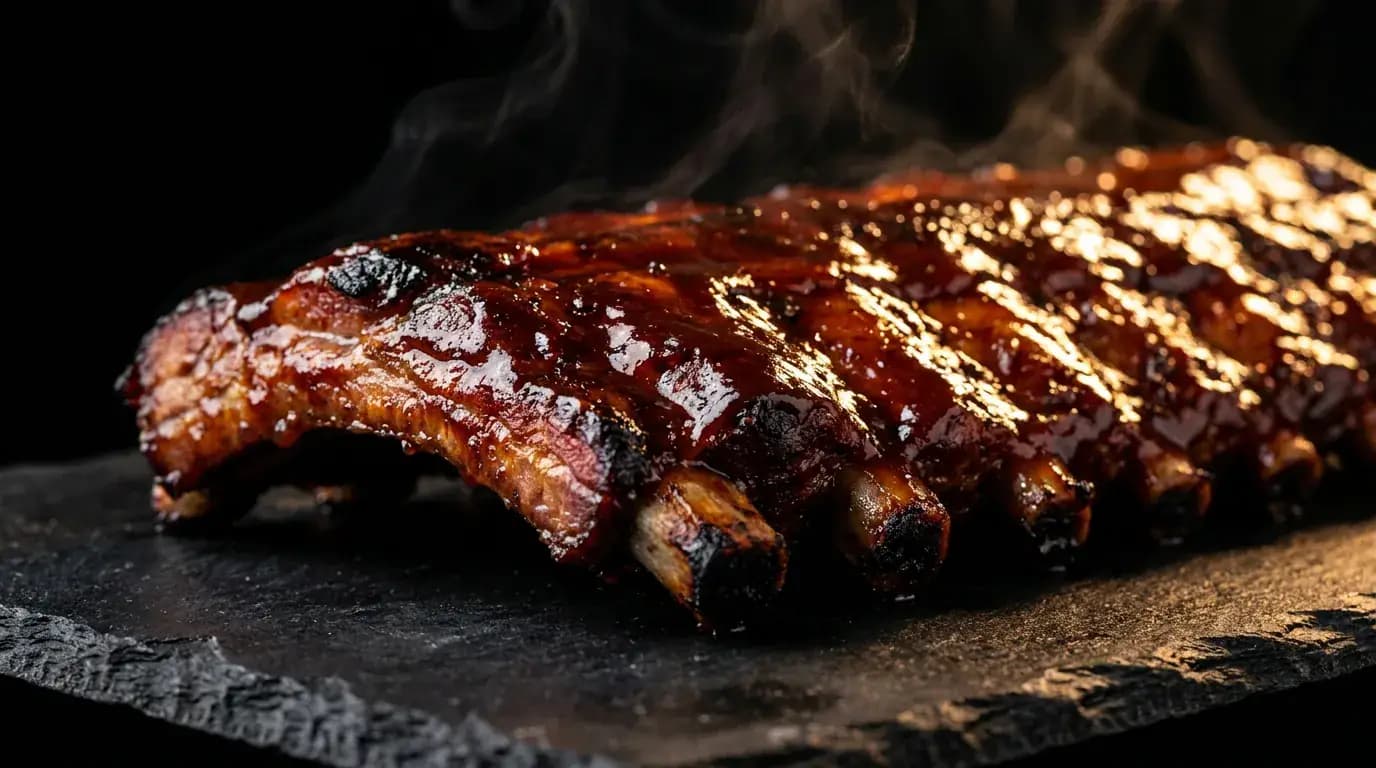Ribs BBQ glacés à la sauce mahogany, fumée qui monte, sur fond noir dramatique — La Plancha des Halles